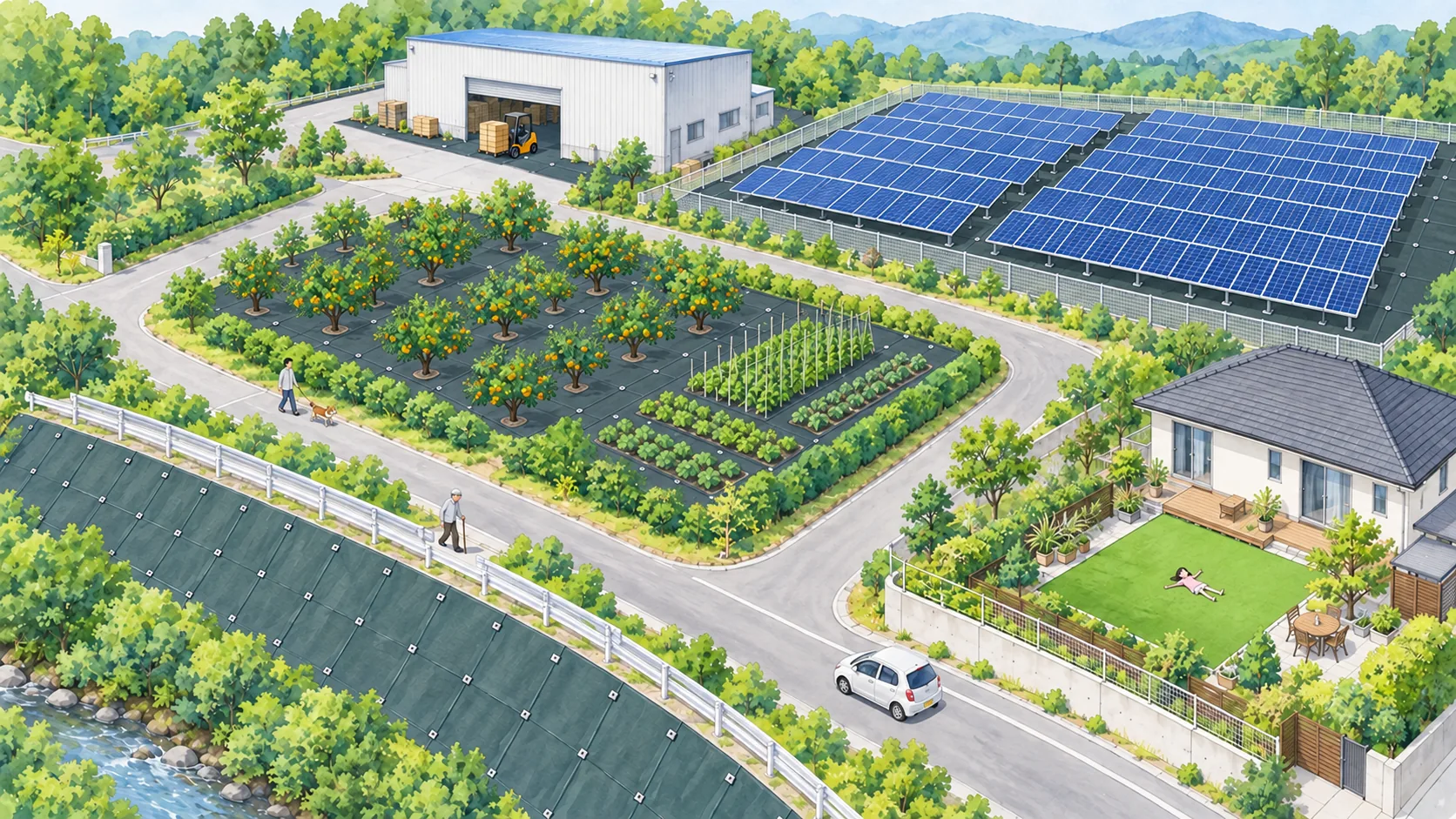 太陽光発電所、倉庫外周、果樹園、住宅外構、道路法面など防草シートの活用現場